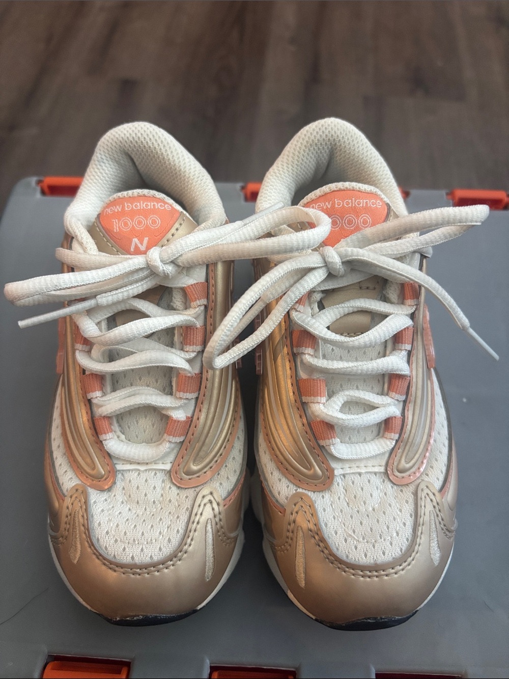 New Balance 1000 Kids Metallic Rose Gold and Cream Sneakers